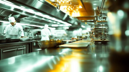 Modern kitchen with chefs working on high-quality dishes in a bustling atmosphere, showcasing culinary excellence and teamwork.