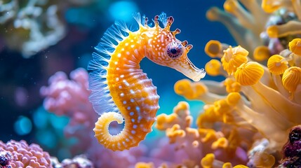 A vibrant seahorse gracefully swims amidst a colorful coral reef, showcasing its intricate details and the beauty of underwater life.
