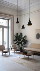 Minimalist living room with mid century modern furniture and large windows.