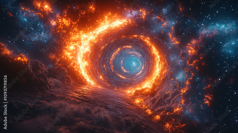 Poster cosmic vortex of fire and light swirling through the universe at the edge of a distant galaxy. gener