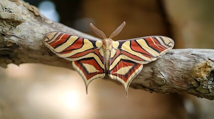 Striking moth with vibrant red and cream stripes rests on a weathered branch.  Its intricate wing patterns are a captivating display of nature's artistry.