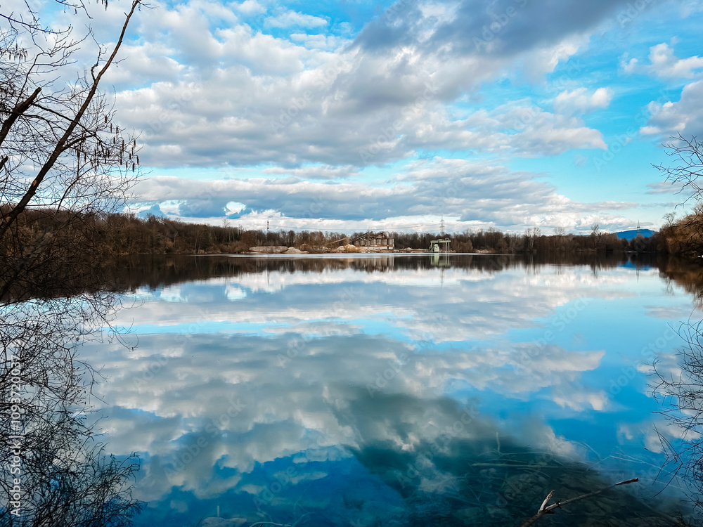 Poster a lake with a cloudy sky in the background