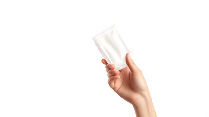 A woman's hand holds up a small, white sachet. Clean, simple, and perfect for showcasing your product.