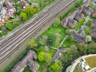 Aerial View of Downtown and Central Wembley London City of England Great Britain. High Angle Footage Was Captured with Drone's Camera from Medium High Altitude on April 16th, 2024