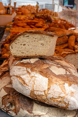 Freshly baked big sourdough traditional italian bread on olive wood fired oven