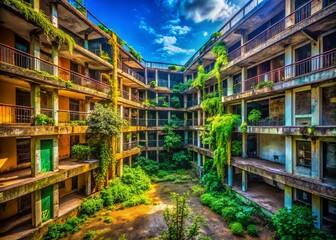 Obraz premium Urban Exploration of an Abandoned Multistorey Hotel in Thailand: Empty Housing for Rent Captured in Striking Detail and Atmospheric Light, Evoking a Sense of Mystery and Intrigue