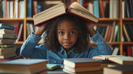 enthusiastic African American girl engaged her homework playfully balancing book her head like roof while surrounded stacks books warm study area