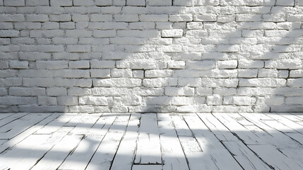 Fototapeta premium Aesthetic Bright White Brick Wall and Wooden Floor Interior Background Space for Creative Designs and Contemporary Decor Artwork Presentations