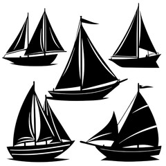 Vector Sailing Silhouettes: Five elegant sailboat silhouettes in black, perfect for nautical and ocean-themed designs.  