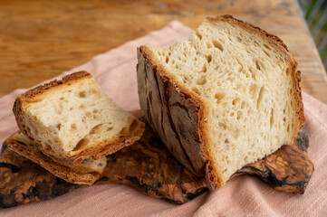 Freshly baked big sourdough traditional italian bread on olive wood fired oven