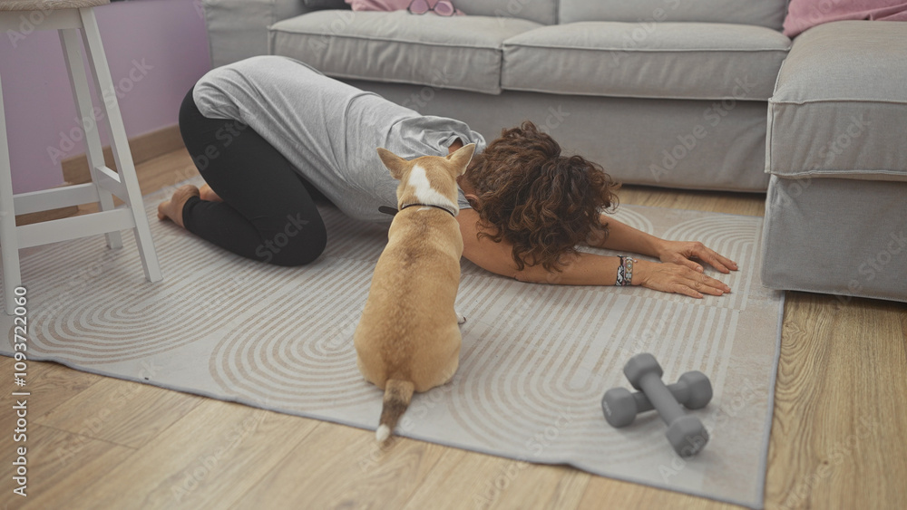 Sticker A middle-aged woman relaxes indoors with her chihuahua in a cozy living room, adding a personal touch to the home setting.