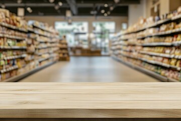 Obraz premium Blurred Background of a Grocery Store – A Busy and Colorful Shopping Aisle Scene