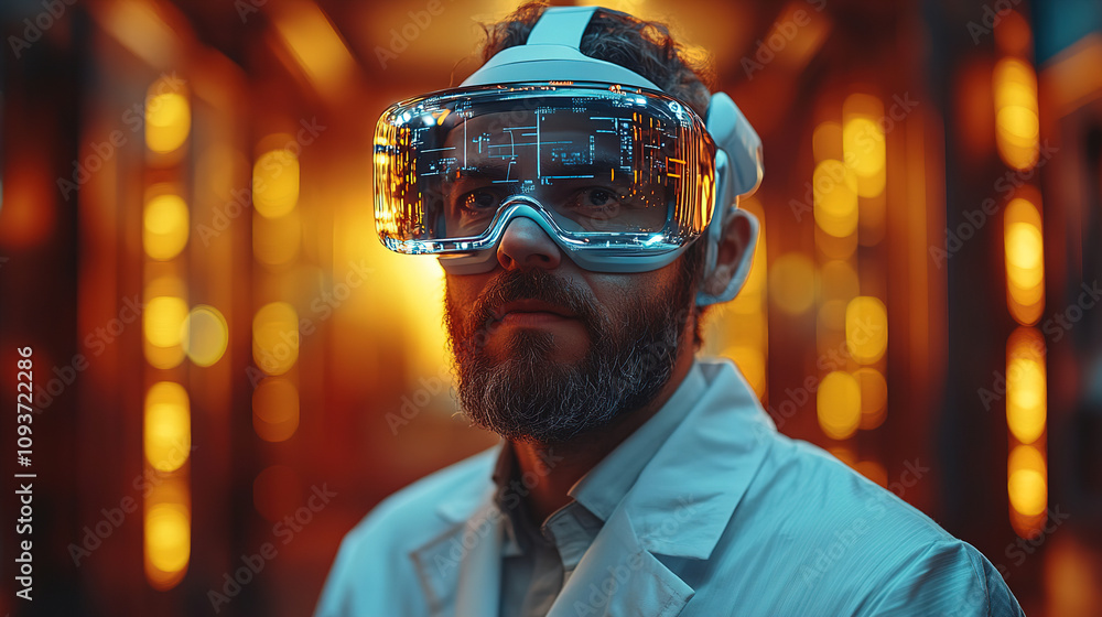 Aufkleber scientist in futuristic goggles stands in a high-tech lab with glowing lights during a research expe