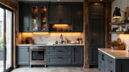 A contemporary kitchen with dark gray kitchen cabinets, natural stone countertops, rustic wooden accents, and warm lighting that creates an inviting atmosphere.