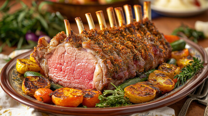 plated rack of lamb with golden crust and tender pink center served with grilled vegetables and fresh herbs