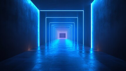 Fototapeta premium Oszałamiający futurystyczny korytarz, oświetlony rzucającymi się w oczy niebieskimi neonami na ścianach i suficie, tworzącymi efekt niekończącego się tunelu, ucieleśniającego tajemniczość i urok.
