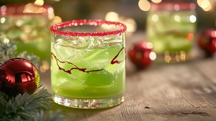 Indulge in the vibrant Xmas Green Punch, adorned with a glistening sugar rim in a glass. This refreshing creation, crafted with tangy lime sherbet, embodies the spirit of Christmas cheer