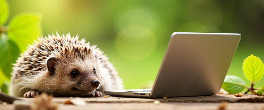 Curious hedgehog explores laptop in garden, digital nature