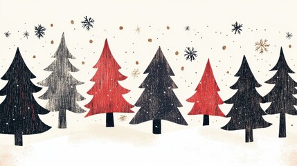 Fototapeta premium Christmas trees adorned with golden and black snowflakes against a snowy white background