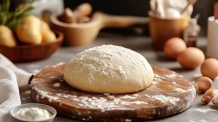 Fototapeta premium A ball of dough rests on a floured wooden board, ready for baking, surrounded by eggs, flour, and other ingredients, symbolizing homemade culinary creativity.