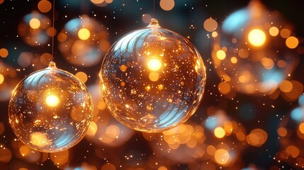 Enchanting glass orbs illuminated with warm golden lights in a bokeh wonderland