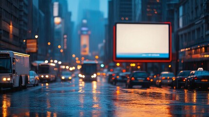 A bustling city street at dusk with cars and buses moving under rain, bright streetlights reflecting on the wet pavement, and a blurred billboard glowing in the background.