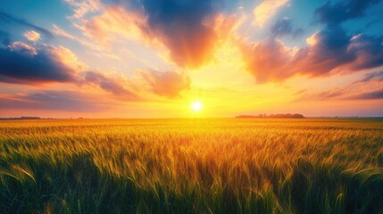 Naklejka premium golden organic wheat field to make whole wheat bread at agriculture farm in the misty morning sunrise. 