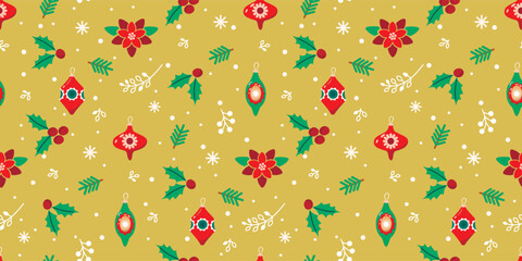 Cartoon seamless pattern with Christmas decorations,holly,twig,snowflakes and poinsettia.Red and green colors on gold.Festive background or texture for textile,wrapping paper.Vector illustration.