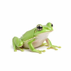 Obraz premium Close-up Image of a Vibrant Green Frog with Reflective Eyes Posed on a Clean White Background, Highlighting Its Unique Features and Textures