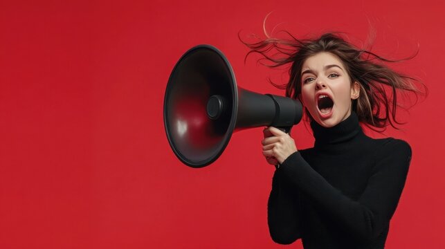 a stylish woman in black clothes energetically shouting into a black megaphone against a bold red background