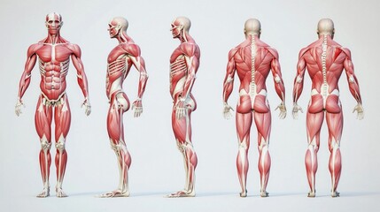 illustration presents comprehensive view human anatomy emphasizing joints red. detailed representation includes muscular and skeletal systems multiple angles