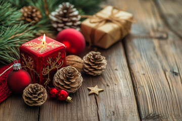 Red and gold Christmas decor on wooden background