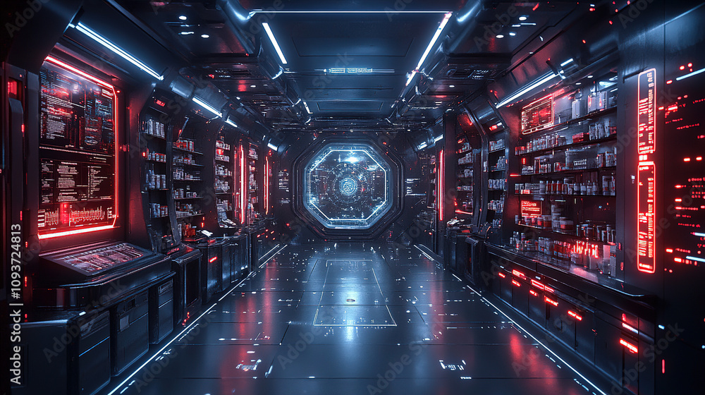 Aufkleber futuristic science lab corridor with glowing red and blue lights in a sci-fi setting. generative ai
