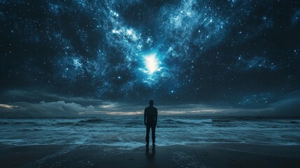 solitary figure stands shore gazing stunning night sky filled stars and cosmic patterns demonstrating moment reflection and wonder