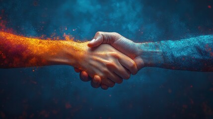 Glowing handshake symbolizing digital connection, spark and light effect on handshake, concept of technology partnership and teamwork in digital world, collaboration theme