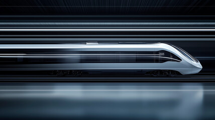A high-speed train captured in motion, showing a sleek, futuristic design against a dark, streamlined background.