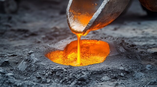 Molten iron is poured into a green sand mold under high temperatures. This foundry process creates cast products used in automotive and electrical applications