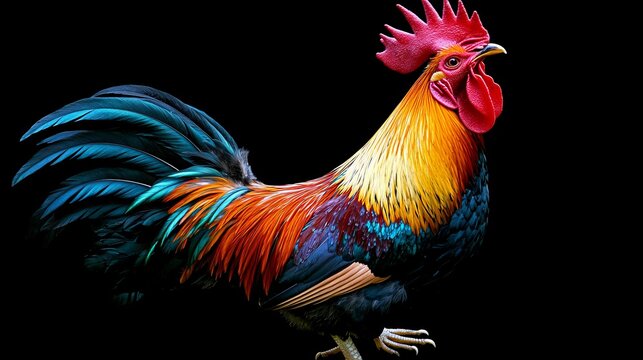 A colorful rooster exhibiting a majestic display of plumage as it crows, set against a dark contrasting background, symbolizing dawn and new beginnings.