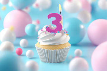 Birthday cupcake with burning candle number 3 three and festive pastel balloons on white background. Three years, three month milestone celebration card