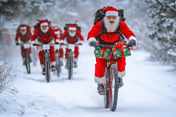 Santa Claus mountain bike race in snowy forest