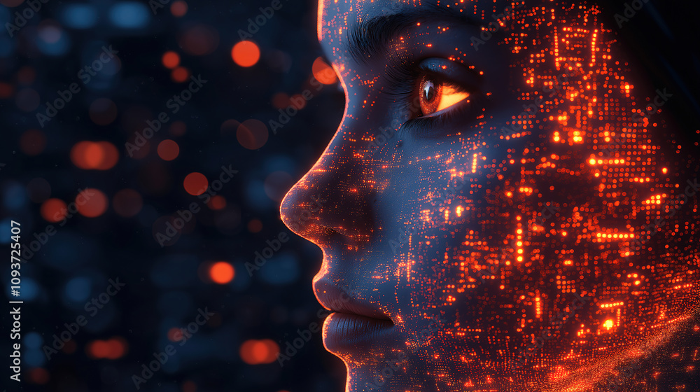 Aufkleber digital portrait of a woman with glowing circuit patterns on her face reflecting technology and inno