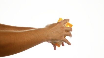 Hands holding swiss francs isolated on white background showcasing currency exchange or financial concept