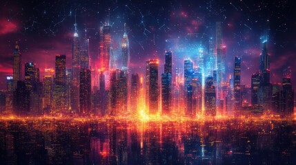 Fototapeta premium Futuristic cityscape with glowing skyscrapers, digital urban landscape, neon blue and orange lights, concept of modern metropolis, advanced technology, cyber city at night