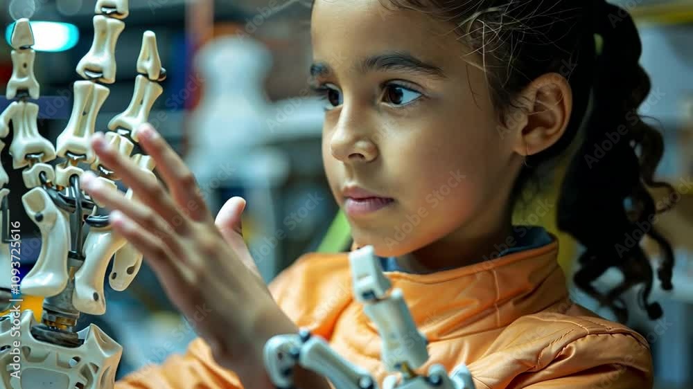 Aufkleber a girl examines a robotic hand in a workshop, showing curiosity and focus as she interacts with the 