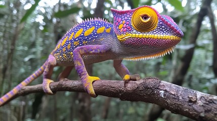 A vivid image of a colorful chameleon with striking patterns perched on a branch in its lush natural habitat, showcasing nature's diversity and beauty.