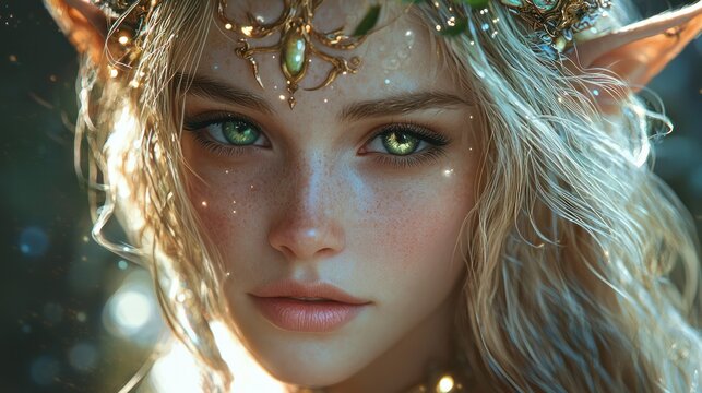 Close up portrait of a fantasy elf woman with pointed ears and a crown