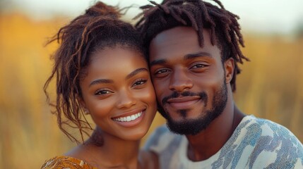 Happy couple smiling together outdoors, romantic portrait, close-up of affectionate relationship, joyful and loving expressions, natural light, warm golden hour background