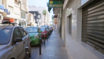 Obraz premium Defocused cars parked on street with blurred buildings under bright sunlight creating bokeh effect in an outdoor urban setting