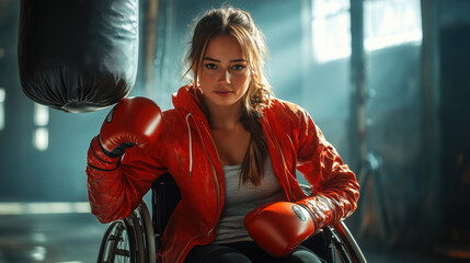 Female boxer with disability sitting in wheelchair wearing boxing gloves posing near punching bag