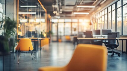 Fototapeta premium Picturesque office backdrop with blurred details, capturing the essence of a modern professional environment. The panoramic view offers a sweeping perspective, showcasing the spacious